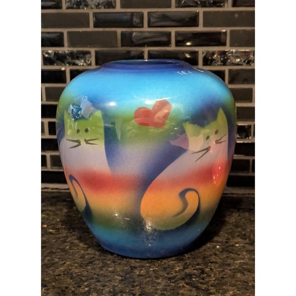 Vintage Judith Stiles Cat Vase Rainbow Heart Art Pottery Signed Multicolor 5.5"